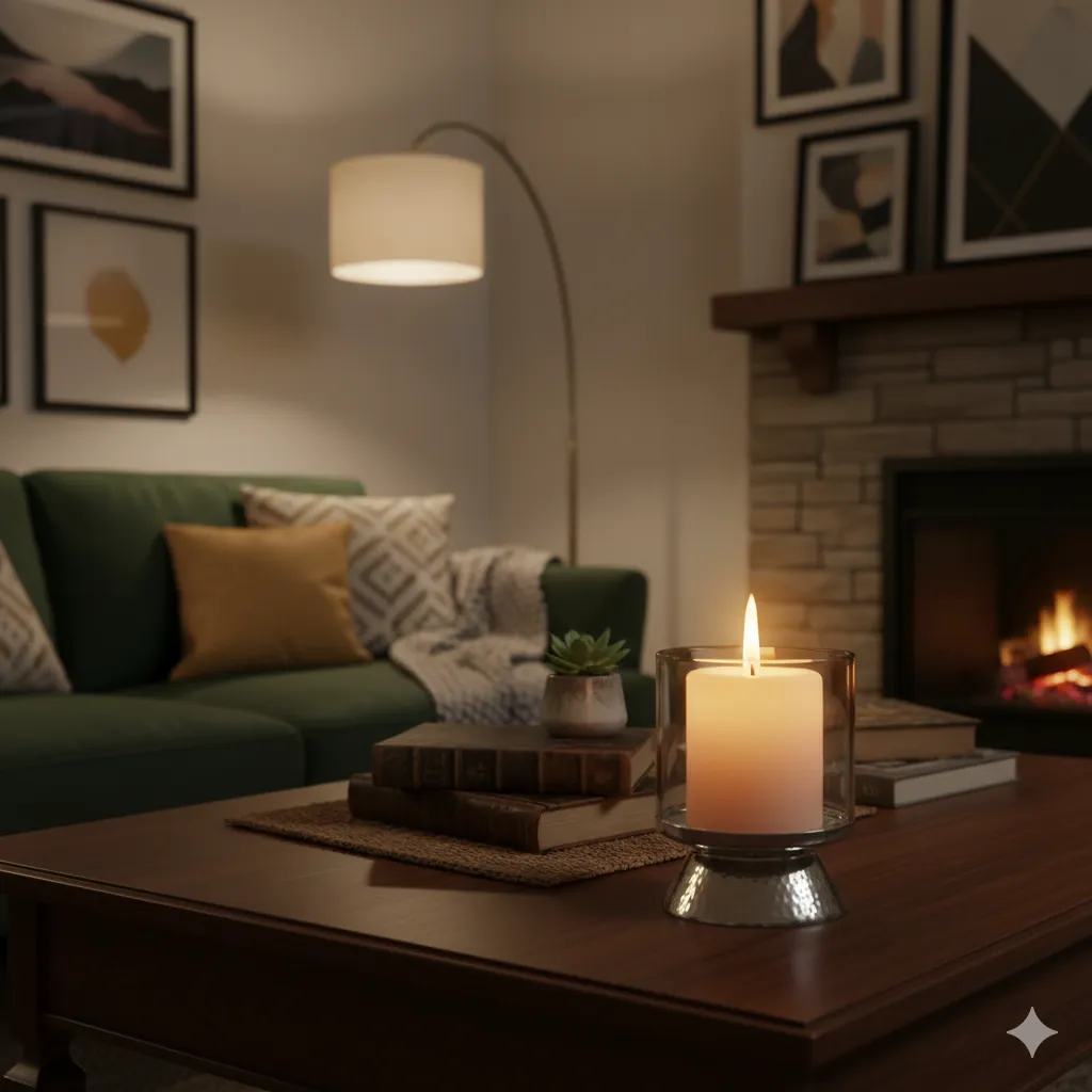 Candle in living room setting